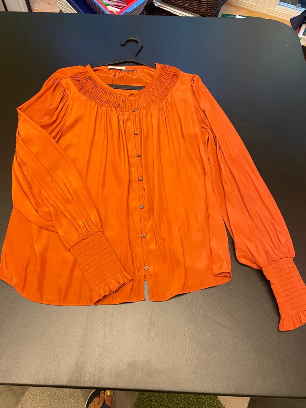 Ramy Brook Burnt Orange silk long sleeve Blouse LN large UT Austin Orange!